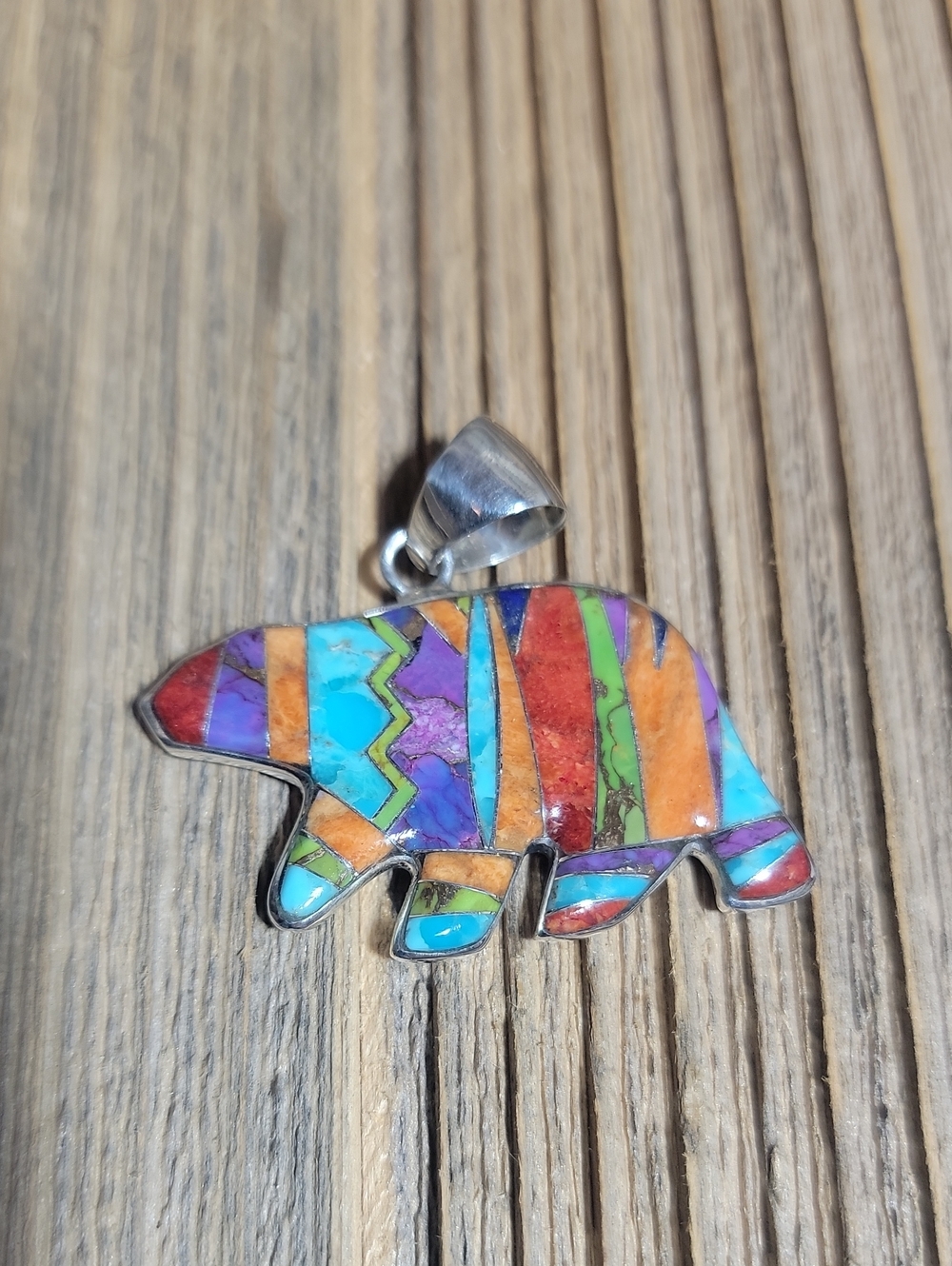 Sterling Silver Bear Mosaic Inlay Pendant - - Picture 3 of 9